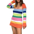 thumbnail image 3 of Franhais Women's Beach Dress, Long Sleeve Stripe Print Contrast Color Square Neck A-Line Mini Dresses, 3 of 9