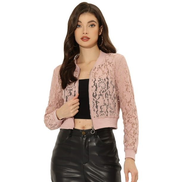 Chaqueta De Béisbol Causal De Manga Larga De Ganchillo Transparente De Encaje Para Mujer Negro Rosa L