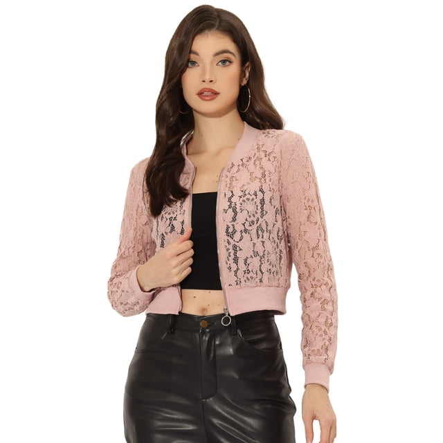 Chaqueta De Béisbol Causal De Manga Larga De Ganchillo Transparente De Encaje Para Mujer Negro Rosa L