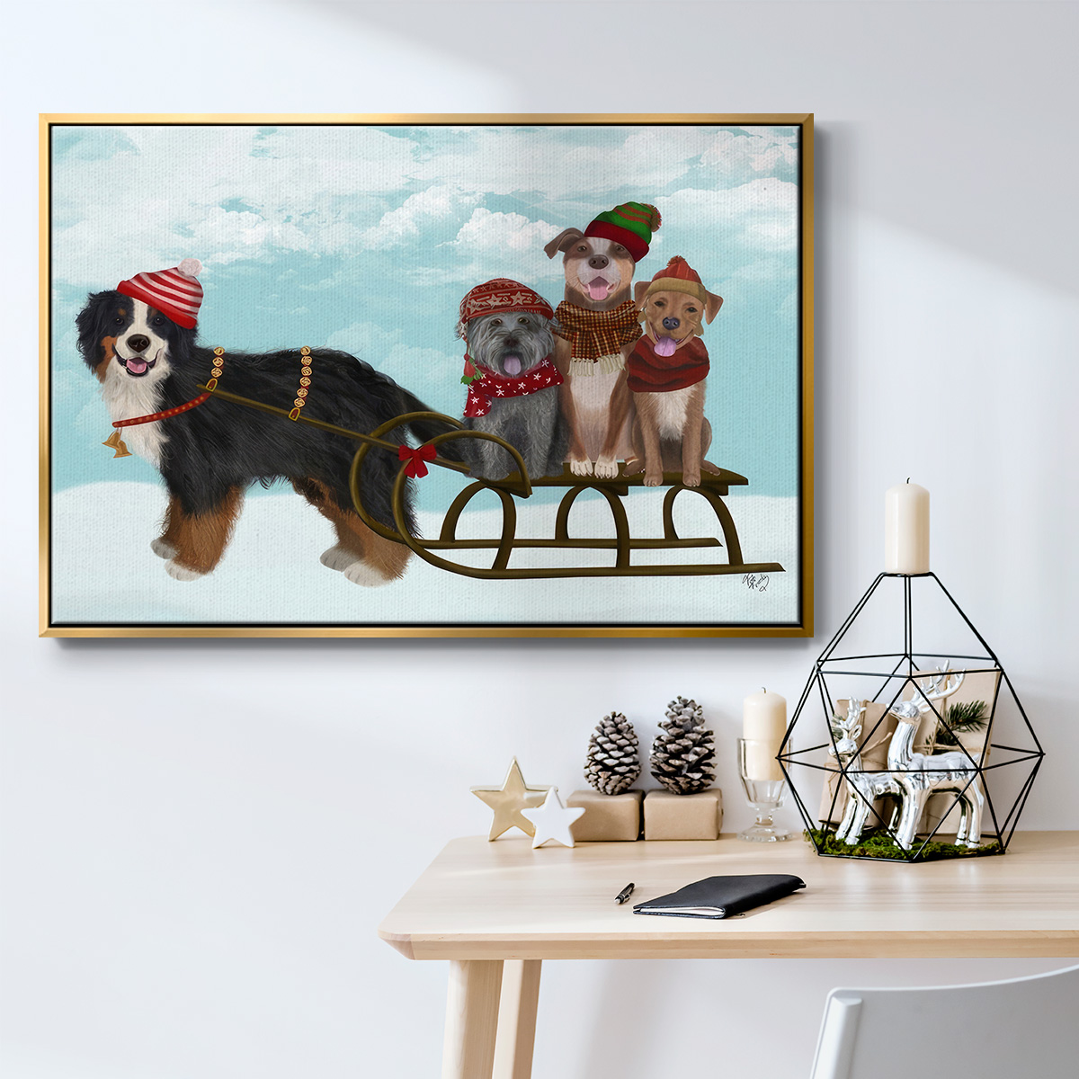 Christmas Mutt Sled - Framed Gallery Wrapped Holiday Canvas - 17 x 25 - Gold Frame