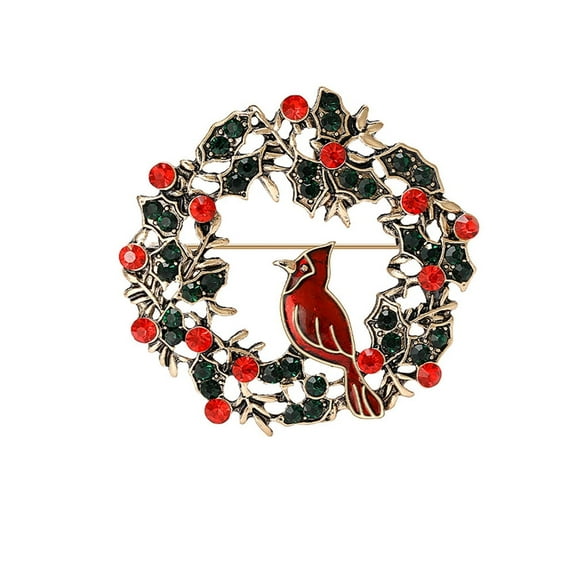 Christmas Wreath Bird Cute Ornament Brooch Lapel Shawl Pin for Women Red Green CZ Garland Enamel Pins Decoration Brooches Vintage Festival Holiday Jewelry Gifts