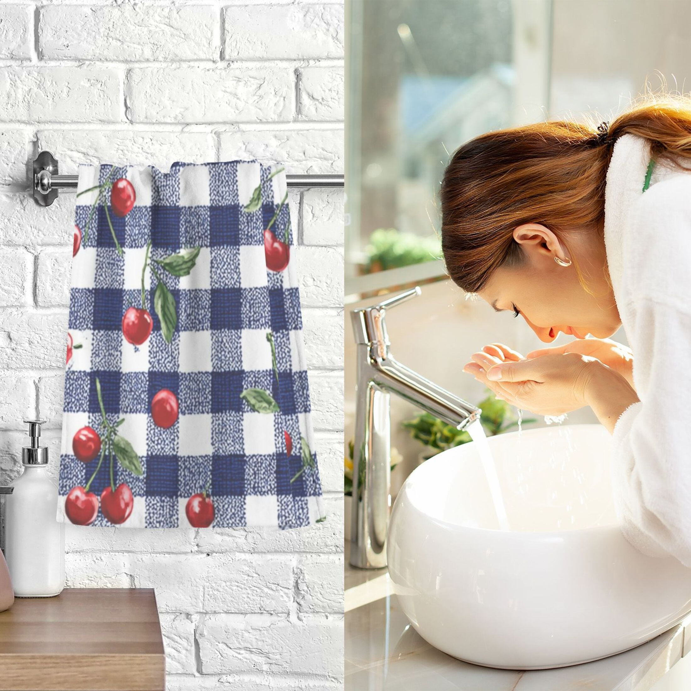2-Pack Soft 100% Cotton & Highly Absorbent Bath Towel 2 Defferent Pattern Designs Cherry Checkered Tiny Black White Checkered Squares