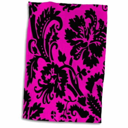 Hot Pink Floral Printed - 3dRose Hot pink and black damask - large print stylish floral - bold sassy modern classy girly girl pattern - Towel, 15 by 22-inch