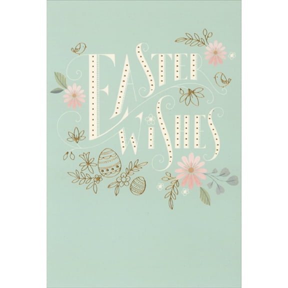 Pictura Easter Wishes: Three Peach Flowers and Gold Foil Outlined Eggs and Leaves Easter Card for Mom