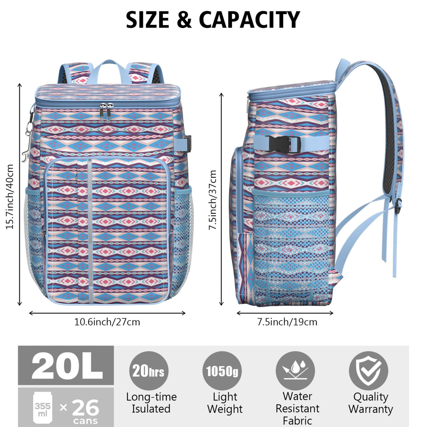 Travel Cooler Bag - Boho Bohemia Pioneer Flower Geometric Line Art Camping Beer Cooler Backpack with Bottle Opener- Waterproof Insulated Picnic Backpacks - Cooler Bag for Beach