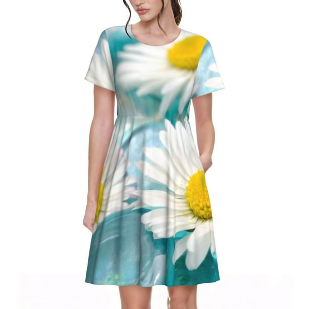 Easygdp Daisy Flowers para Vestido Transpirable de Mujer, Vestido Suelto de Manga Corta con Pliegues y Bolsillos para el Verano
