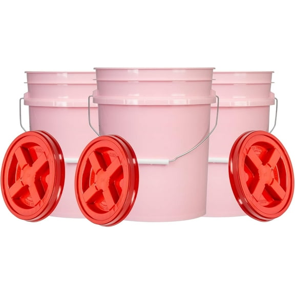 House Naturals 5 Gallon Pink Food Grade BPA Free Made in USA Bucket Pail with Screw On Airtight Scarlet Red lid (Pack of 3)