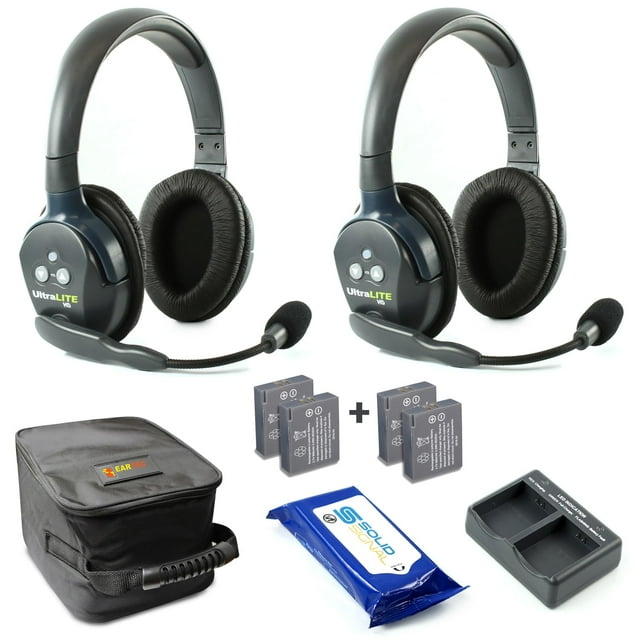 Auriculares inalámbricos Eartec UL2D Ultralite Full Duplex para comunicación para 2 usuarios, 2 auriculares dobles con dos (2) baterías adicionales y paquete de toallitas limpiadoras SolidSignal
