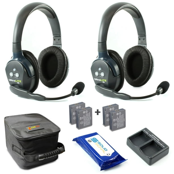 Auriculares inalámbricos Eartec UL2D Ultralite Full Duplex para comunicación para 2 usuarios, 2 auriculares dobles con dos (2) baterías adicionales y paquete de toallitas limpiadoras SolidSignal