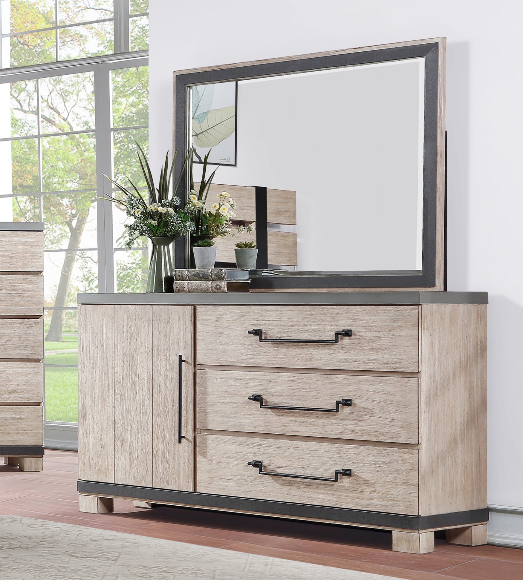 Arbela Wood Slatted Panel Bed with Dresser, Mirror, and Two Nightstands, King, Weathered Oak Finish