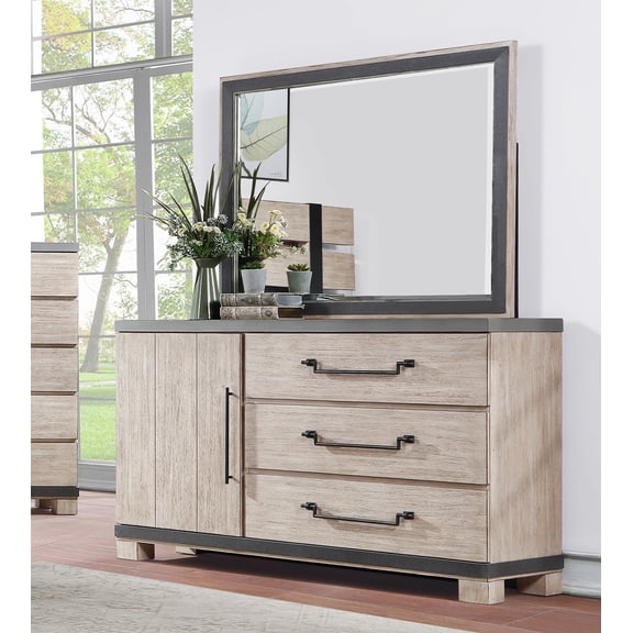 Arbela Wood 3-Drawer Combo Dresser with Mirror, Weathered Oak Finish
