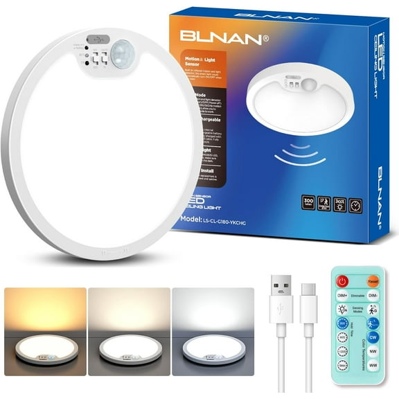 BLNAN Rechargeable Ceiling Light , Infrared sensor LED Lights with Remote Wireless , 7.1" 300LM /3000K/4000K/6000K Battery Operated Ceiling Lights for Garage Closet Shower Stairs Shed Hallway Porch