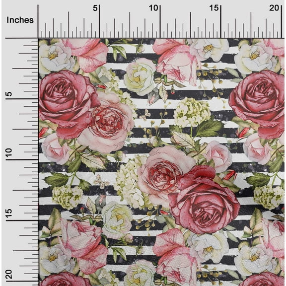 oneOone Cotton Flex White Fabric Stripe & Rose Floral Quilting Supplies Print Sewing Fabric By The Yards 40 Inches Wide