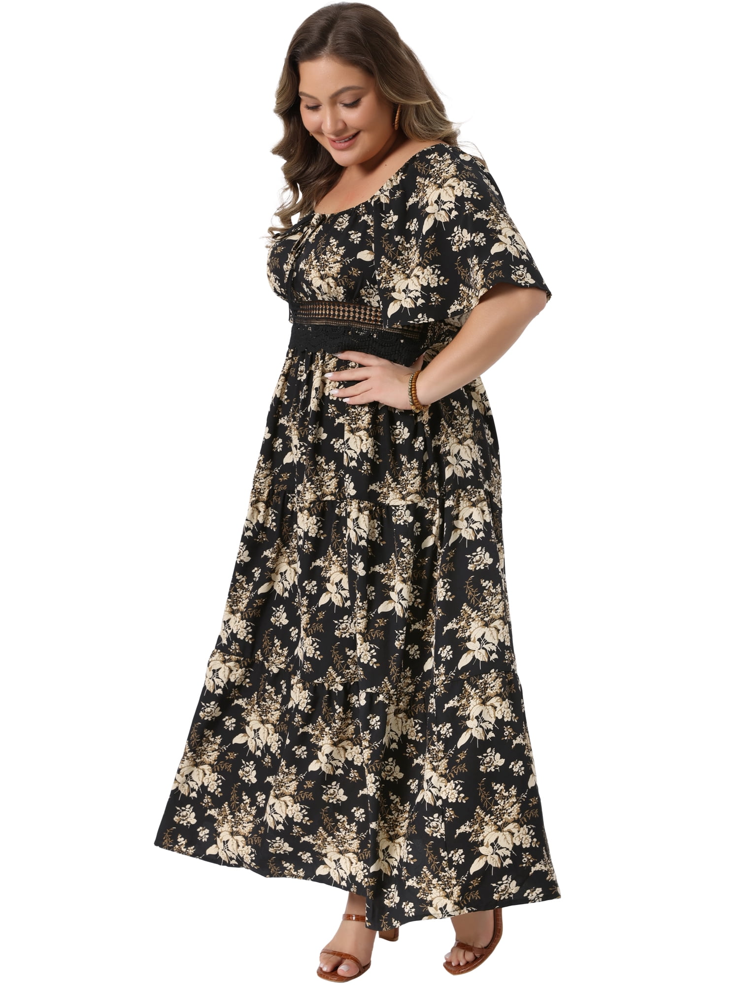 DARING DIVA Women's Plus Square Neck Floral Dresses Maxi Dress 1X Black