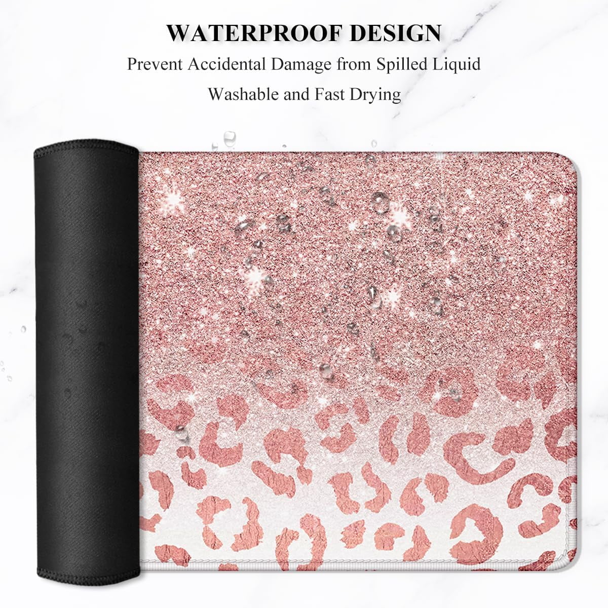 Large Mouse Pad, XXL Desk Pad, Extened 35" x 15", Non-Slip Rubber Base, Stitched Edges, Superior Surface, Waterproof Keyboard Mat, Large Mousepad for Gamer, Office & Home, Pink Gold Leopard