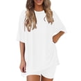 thumbnail image 1 of Cinvoph Ensemble de Shorts pour Femmes 2 Pcs Col Rond Manches Courtes Haut Décontracté Shorts Larges Vêtements de Travail d'Affaires, 1 of 9