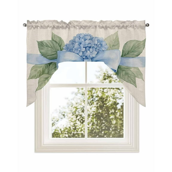 Hydrangea Flower Kitchen Curtains Swag Valance for Windows/Bathroom/Cafe, Pastoral Blue Bow Floral Spring Lraf Rod Pocket Drape Panel Swag Curtains Valance for Bedroom/Living Room 56"x36"