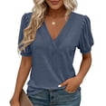 thumbnail image 2 of Ayolanni Collarless Basic Tees for Women V-Neck Patchwork Solid Short Sleeve Blouse Dressy Puff Oversized Outdoor Tees Summer Tops for Women 2026 Blue M, 2 of 7
