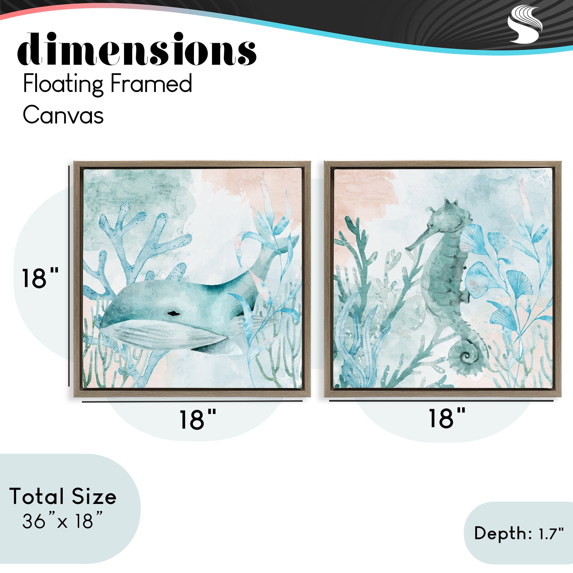 Stupell Industries Whale & Seahorse Sea Swim 2 Piece Brown Framed Floater Canvas Set, design by Kim Allen