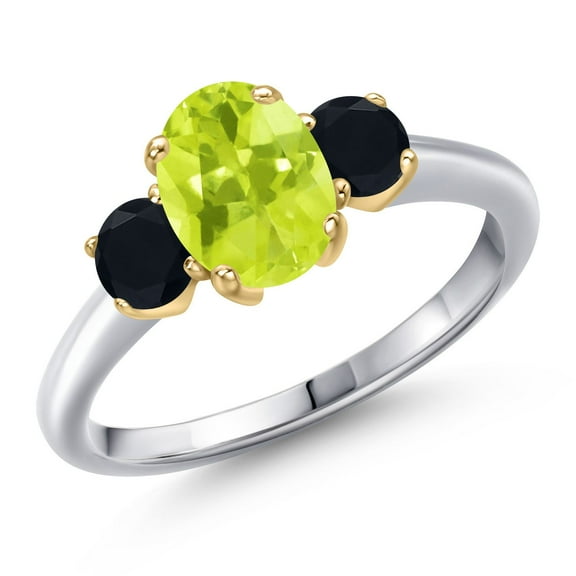 Gem Stone King 10K Two Tone Gold Yellow Lemon Quartz and Black Onyx Engagement Ring for Women | 1.54 Cttw | Oval 8X6MM | Gemstone Birthstone | Size 9