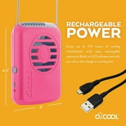 O2COOL 3.5 inch Deluxe Personal Rechargeable Necklace Fan for Cooling, 3 Speed Vertical Air Flow, Pink Raspberry