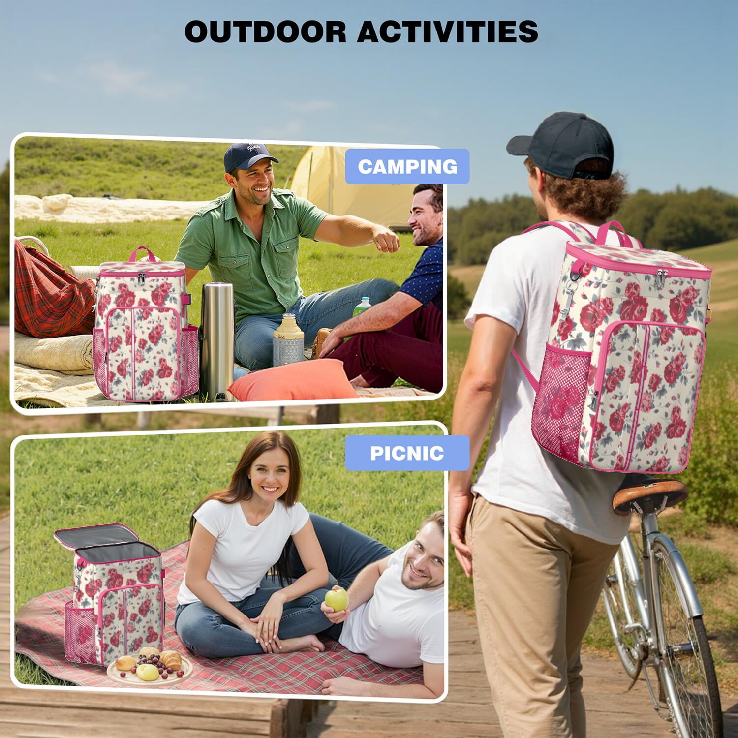 Travel Cooler Bag - Pioneer Flower Floral Print Pattern Camping Beer Cooler Backpack with Bottle Opener- Waterproof Insulated Picnic Backpacks - Cooler Bag for Beach