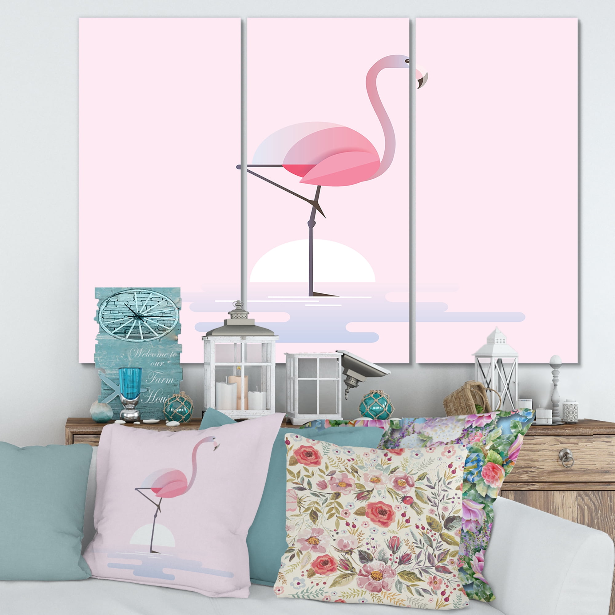 Designart ' Standing On One Toes Pink Flamingo ' Farmhouse Canvas Wall Art Print