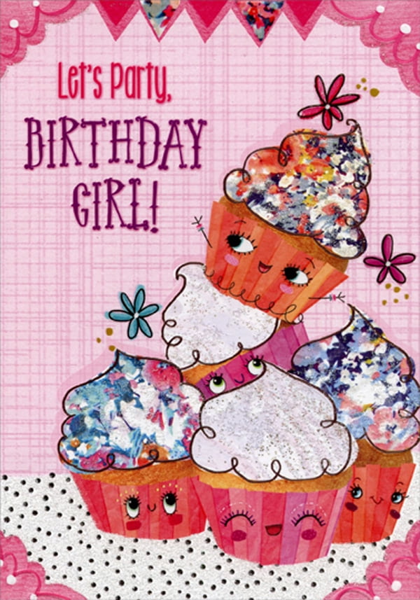 Designer Greetings Five Cupcakes with Smiley Faces Tri Fold Juvenile : Kids Birthday Card with Sticker Sheet for Young Girl