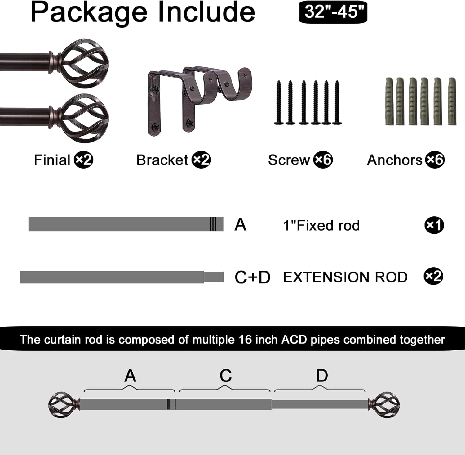AllWays Plaza Curtain Rods 18 to 45 Inches, 1 Inch Modern Drapery Rods, Adjustable Heavy Duty Curtain Rod, with Twisted Cage Finial for Home & Office (18"-45"Dark Red)