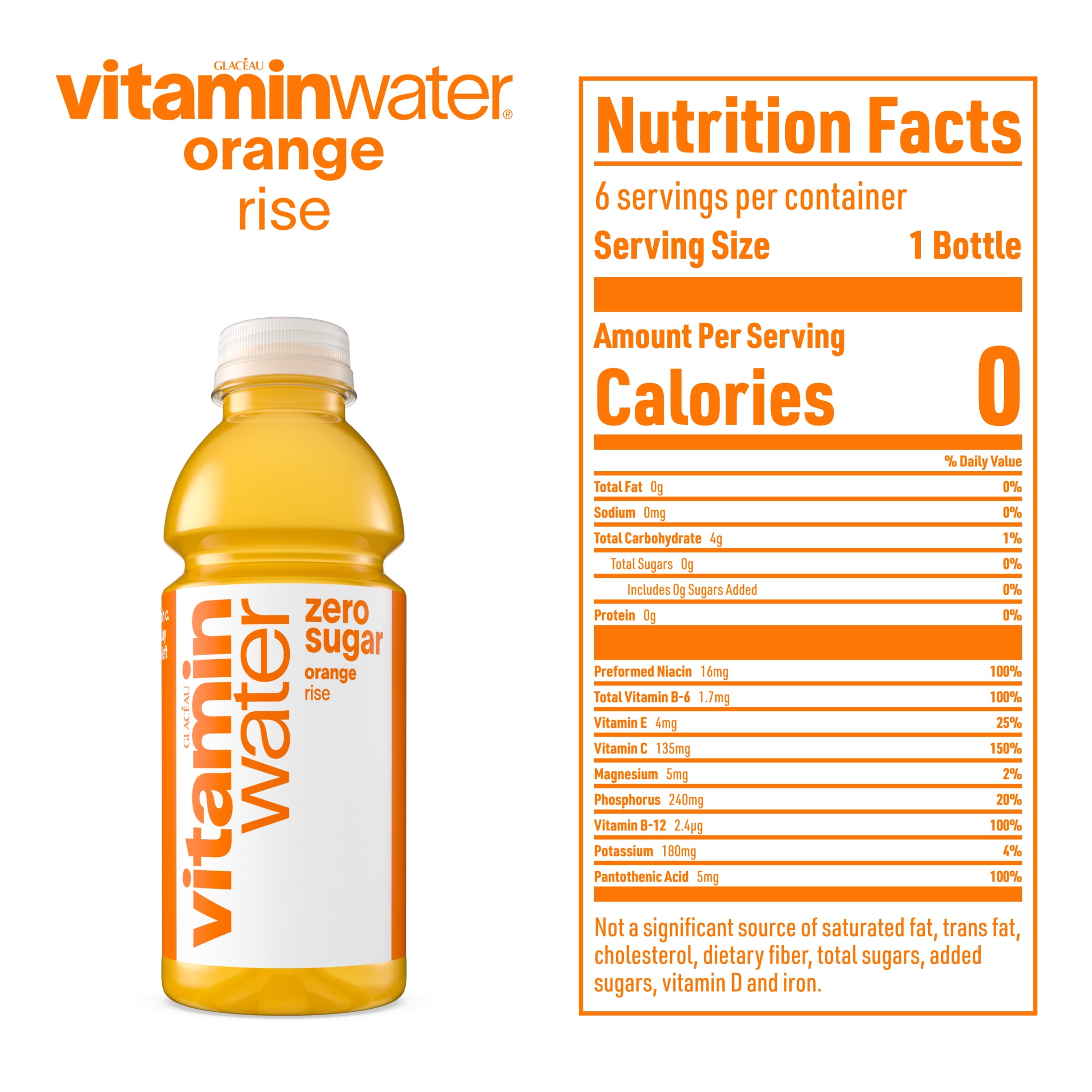 vitaminwater Rise Zero Sugar Orange Flavored Water Beverage Bottles, 16.9 fl oz, 6 Pack