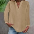 thumbnail image 2 of Women Casual Linen Shirt Long Sleeve Button V-Neck Fall Top Solid Color Loose Lightweight Lounge Tee Shirts 2025 (Khaki XL), 2 of 6