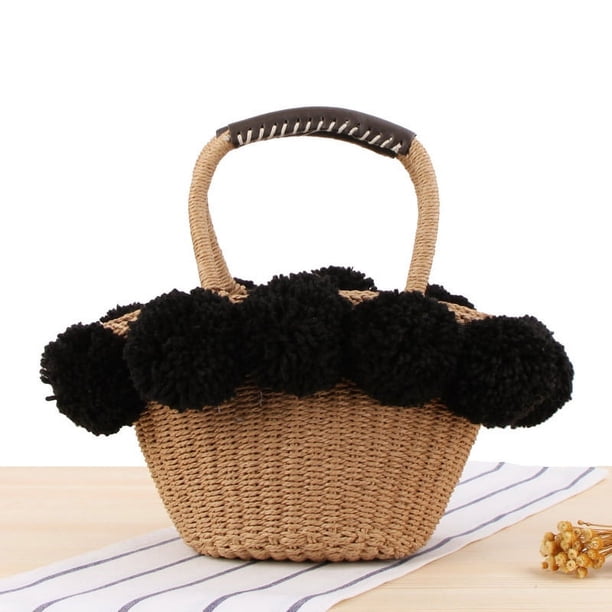 Bolso de paja para mujer - Bolsos de playa de verano para mujer - Lindos bolsos de mano y monederos para mujer - Bolso de paja con decoración de bolas blancas y negras