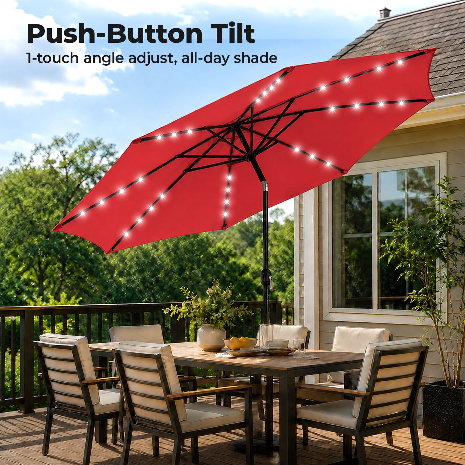 Alvantor 10ft Solar LED Lighted Patio Umbrella, Table Umbrella with 32 Lights, Push Button Tilt, UV-Resistant Canopy, for Deck, Garden, Pool, Café
