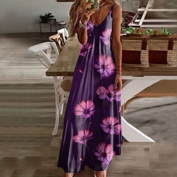WILLBEST Vestidos Floreados para Mujer, Vestido Largo Sexi de Verano con Escote En V y Tirantes, Vestido Playero Estampado A La Moda para Vacaciones Chica