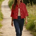 thumbnail image 4 of Women's Cotton Linen Button Down Shirts Casual 3/4 Sleeve Double-Breasted Collared Work Blouses Lightweight Cardigan Red 2XL, 4 of 7