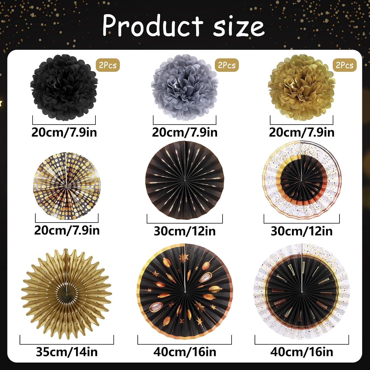New Years Eve Party Supplies 2026, Happy New Year Decorations Black Gold Hanging Paper Fans Tissue Pom Poms Happy New Year Banner for 2026 New Year Party Favor Supplies Decorations