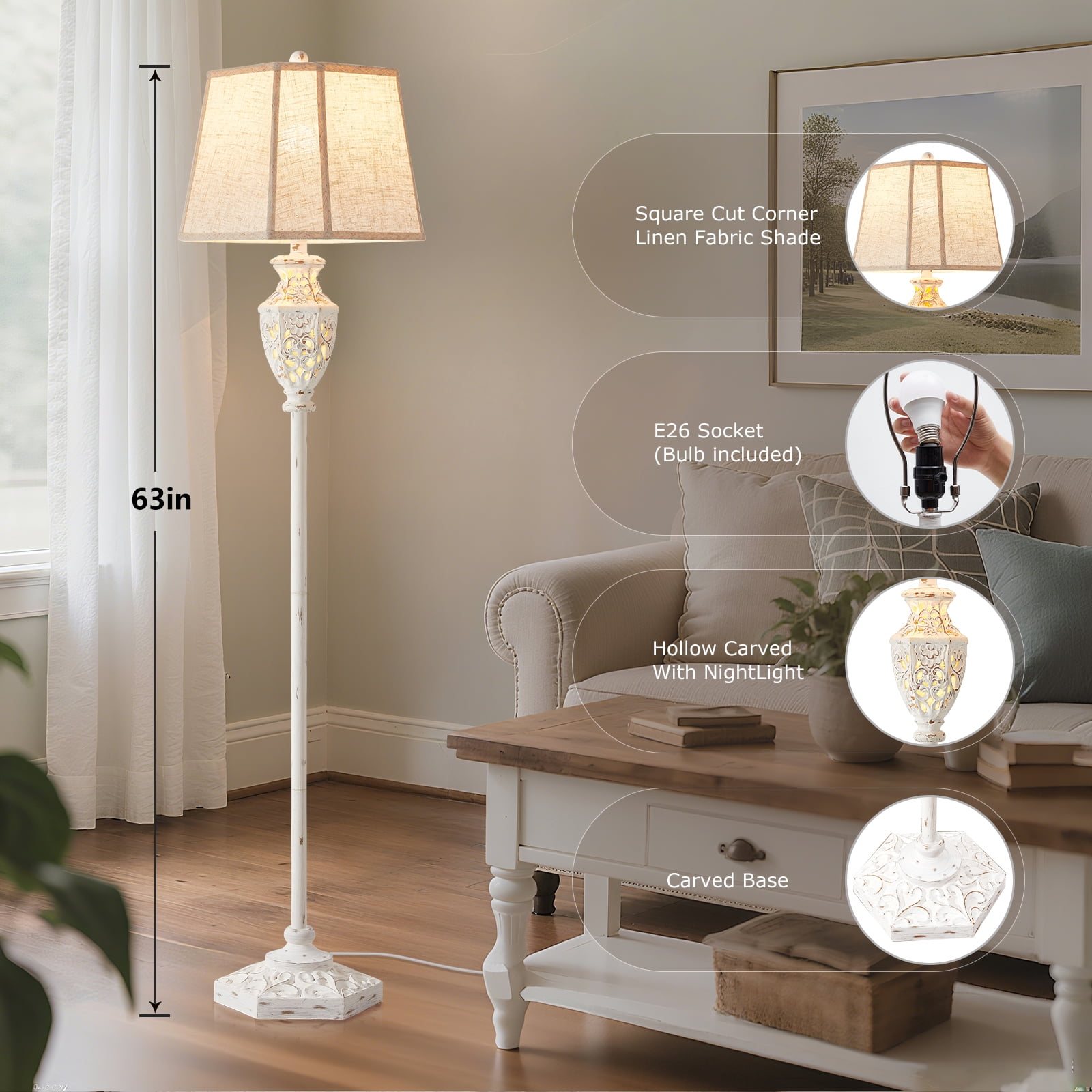 NATYSWAN Vintage Floor Lamp,Resin Tall Standing Lamp with 6-Sided Carved Hollow Nightlight,63in Reading Lamps for Living Room, Bedroom