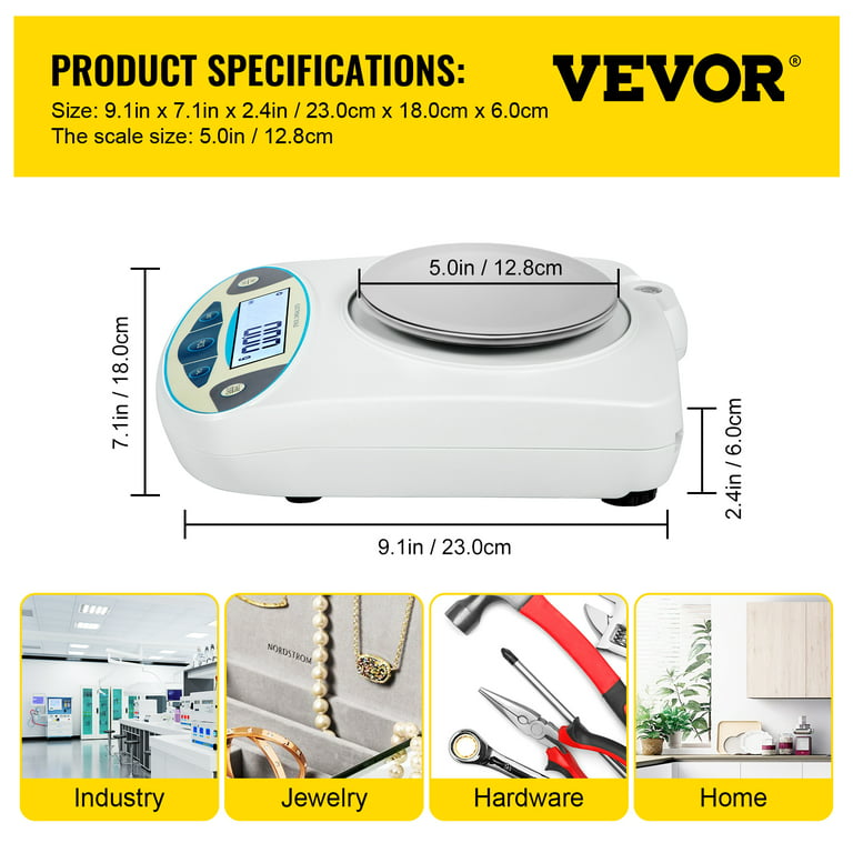 VEVOR Analytical Balance, 5000g x 0.01g Accuracy Lab Scale, High Precision  Electronic Analytical Balance, 13 Units Conversion, Counting Function, LCD  Display, for Lab University Jewelry (5000g, 0.01g)