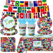 International Flags CORNET Party Decorations, 142Pcs Around The Party Supplies Paper Plates, Napkins, Cups, Banner, and Tablecloth for Travel Trip Around the Globe Retirement Decorations
