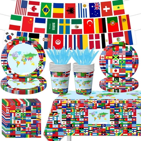 International Flags CORNET Party Decorations, 142Pcs Around The Party Supplies Paper Plates, Napkins, Cups, Banner, and Tablecloth for Travel Trip Around the Globe Retirement Decorations