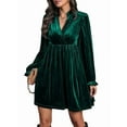 thumbnail image 1 of Vestido Elegante Retro Corto Holgado con Escote en V y Larga de Terciopelo de Color Liso para Mujer, Ropa de Moda para Otoño e Invierno. Verde Oscuro M, 1 of 9