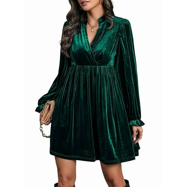 Vestido Elegante Retro Corto Holgado con Escote en V y Larga de Terciopelo de Color Liso para Mujer, Ropa de Moda para Otoño e Invierno. Verde Oscuro S
