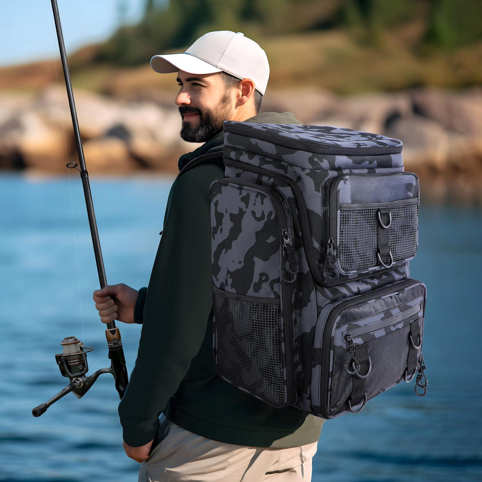 Fishing Backpack With Rod Holders Tackle Box  42l Large Water-resistant Bag Store Gear