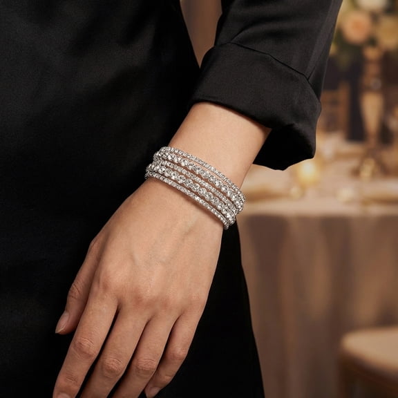 Miallo Elegant Multi-Row Rhinestone Bracelet for Brides, Sparkly Silver Open Bangle for Evening Party and Mother's Day