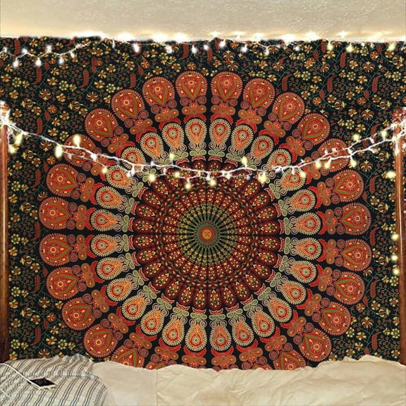 Gojian Handmade Indian hippie Bohemian Psychedelic Peacock Mandala Wall hanging College Dorm Beach Throws Table Cloth Bedding Tapestry