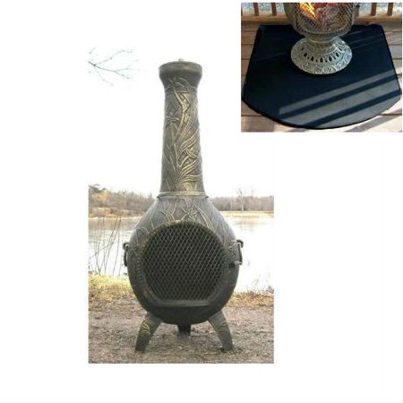 QBC Bundled Blue Rooster Orchid Wood Burning Chiminea ALCH046GA-TBRC900HR Gold Accent Color with Half Round Flexible Fire Resistant Chiminea Pads - Plus Free QBC Metal Chiminea Guide
