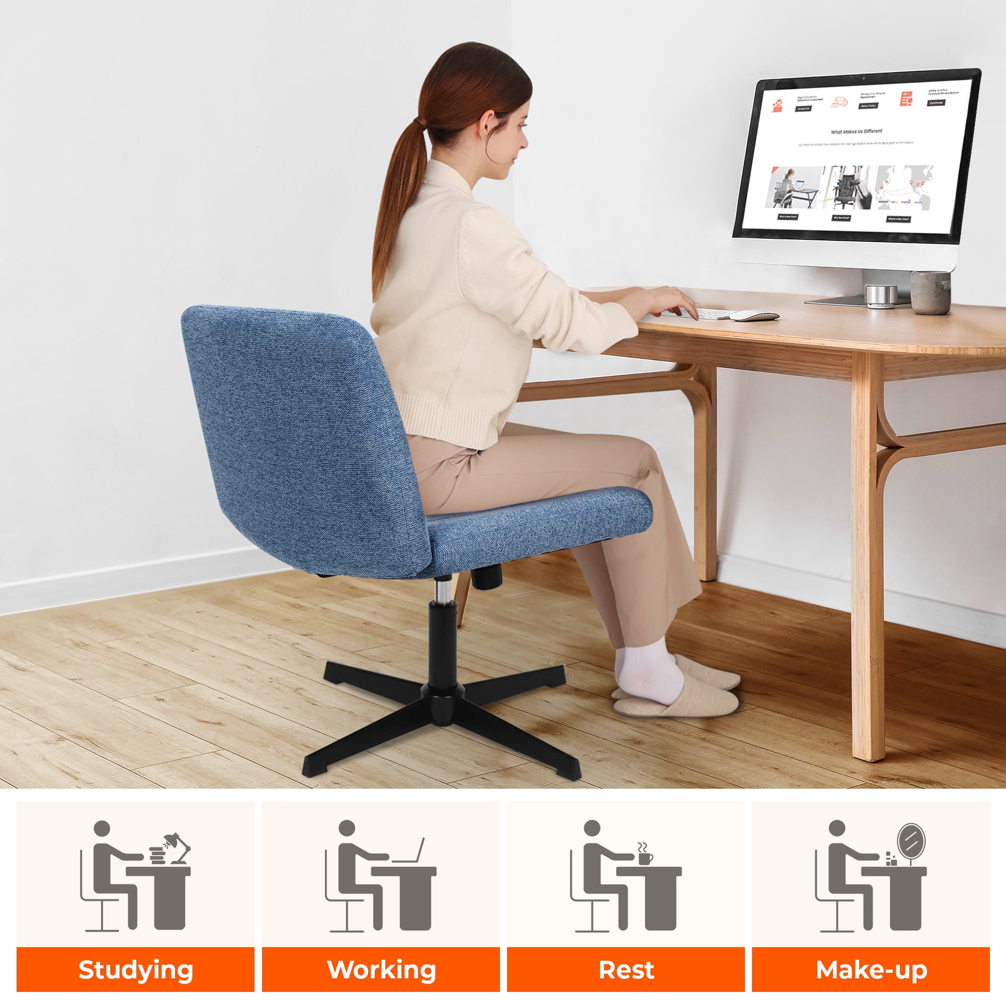 NEO CHAIR Criss Cross Chair No Wheels Armless&nbsp;Comfy Desk Chair Wide Vanity Makeup&nbsp;Cross Legged Office Adjustable Computer Task for Home Office Fabric (Blue)