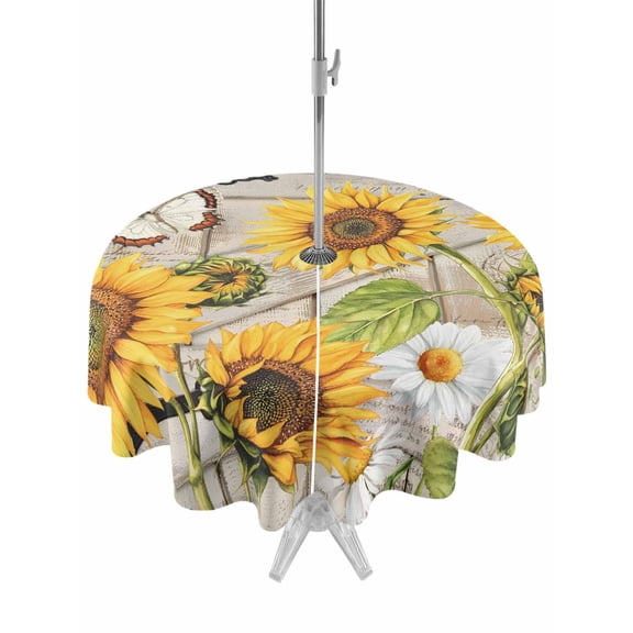 Outdoor Tablecloth with Umbrella Hole and Zipper, Farm Flowers Round Table Cloth 60 Inch Waterproof Tablecloth, Retro Sunflowers Barn Doors Butterfly Wood Board Picnic Table Cover for Patio Camping