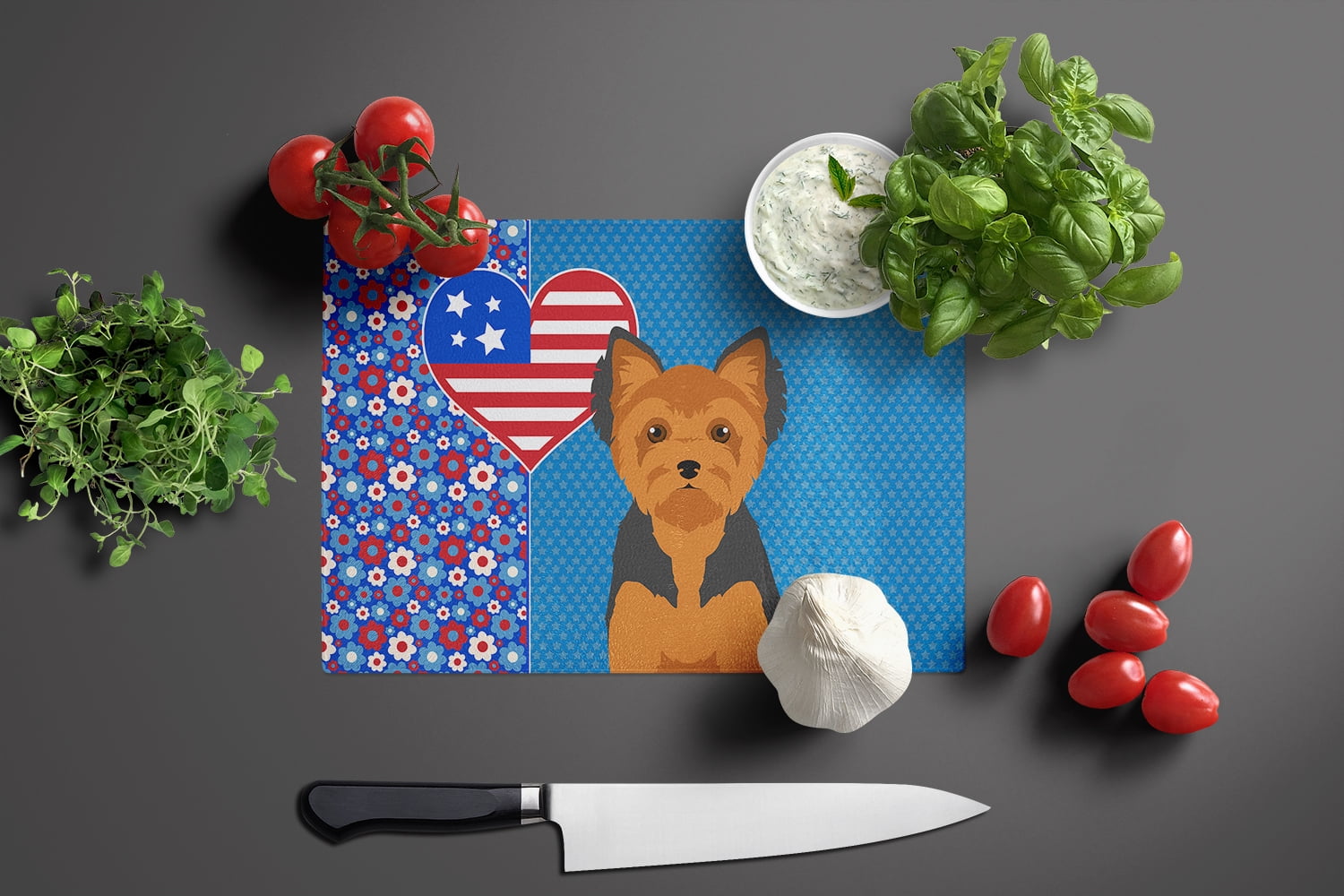 Black and Tan Puppy Cut Yorkshire Terrier Glass Cutting Board Large 12 in x 15 in
