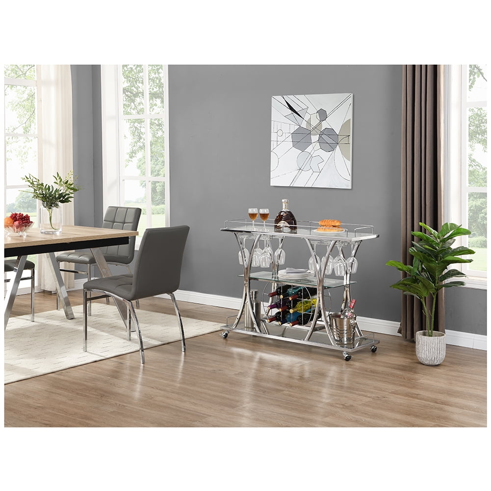 Kepooman Contemporary Bar Carts, Industrial Bar Cart with Wine Rack Silver Modern Glass Metal Frame Wine Storage, Silver Kepooman Contemporary Bar Carts, Industrial Bar Cart with Wine Rack Silver Modern Glass Metal Frame Wine Storage, Silver